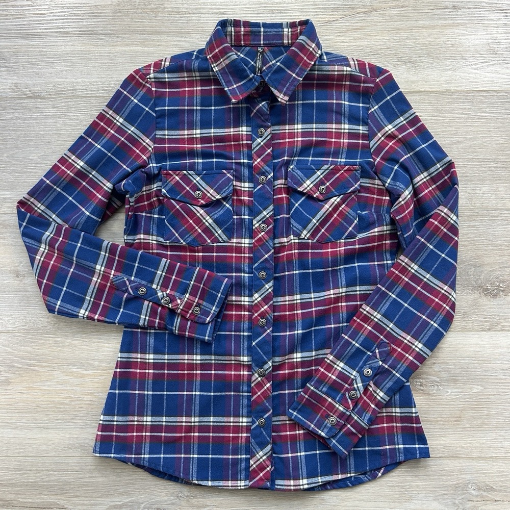 Kuhl Alina Women's Small Blue Red Polyester Plaid Button Up Hiking Flannel Shirt